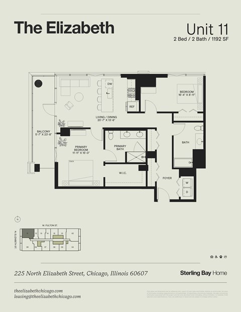 Floor plan for 2 beds, 2 baths, 1192 sqft